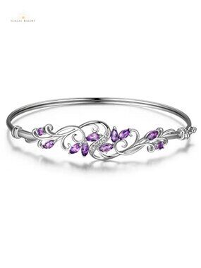 Rhodium Plated Sterling Silver Amethyst White Topaz Bangle Bracelet